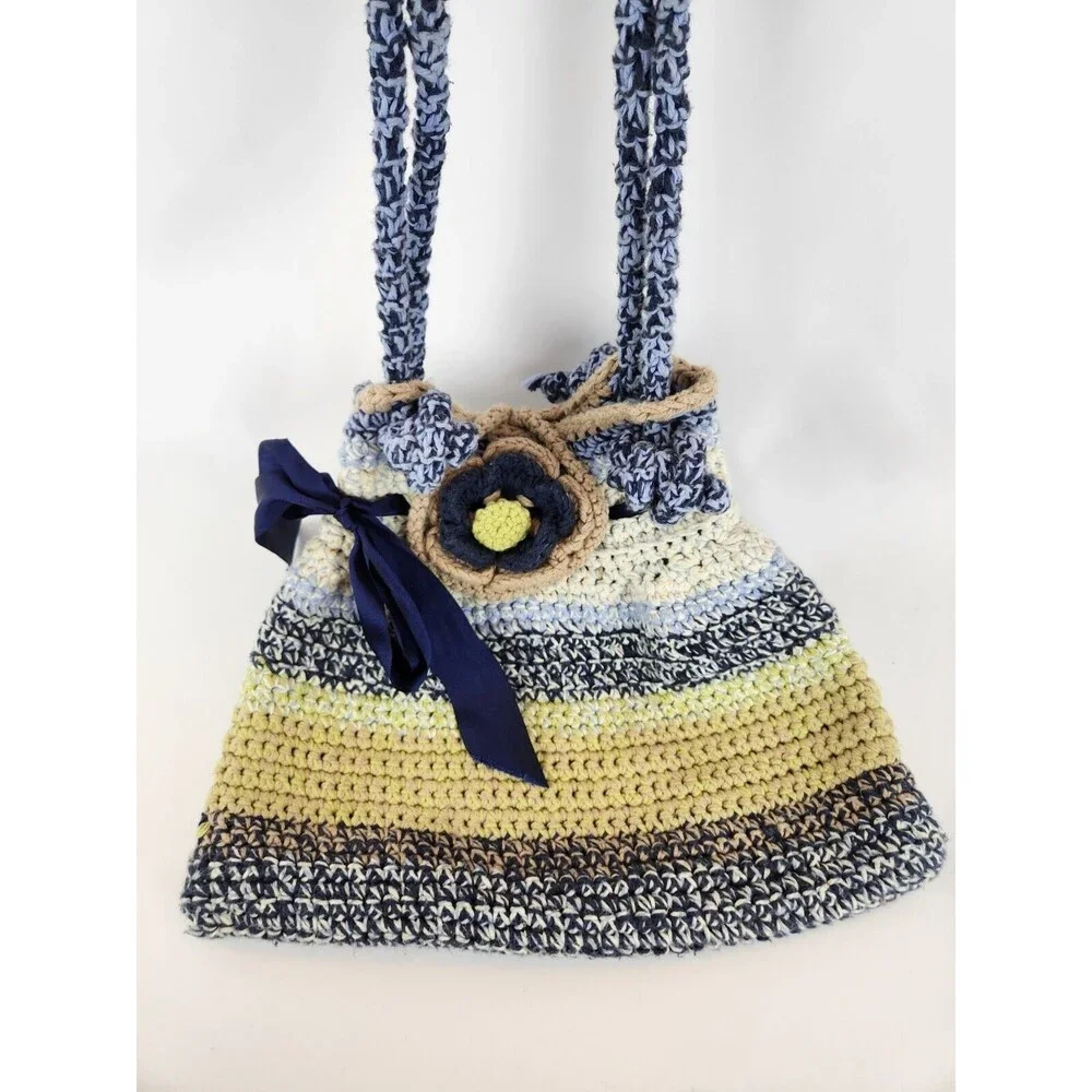 Funky Fun Handmade Crochet Knit Bag Large Purse‎ Boho Hippie Flowers Blue Beige